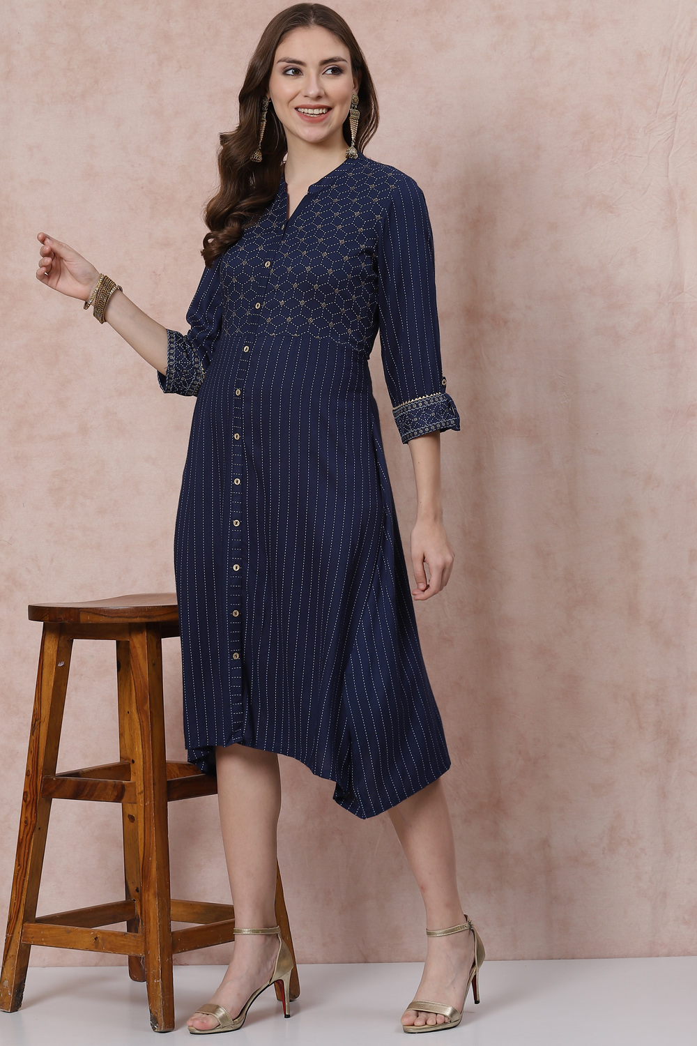 Navy Blue Viscose And Rayon Asymmetric Dress image number 0